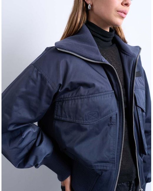 TOPSHOP Blue Rib Wide Collar Short Bomber Jacket