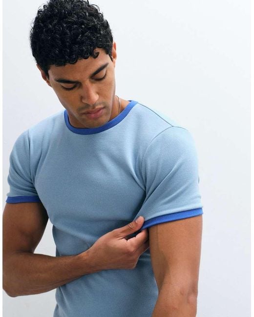 ASOS Blue Muscle Fit T-shirt With Ringer Detailing for men