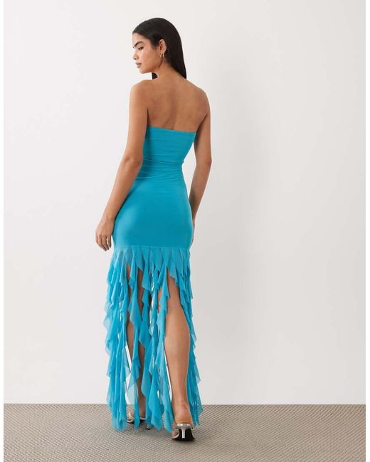 Kaiia Blue Exclusive Textured Mesh Bandeau Ruffle Hem Maxi Dress