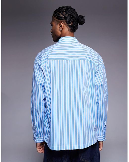 ASOS Ruimvallend Gestreept Overhemd Met Borduursel Op De Borst in het Blue voor heren