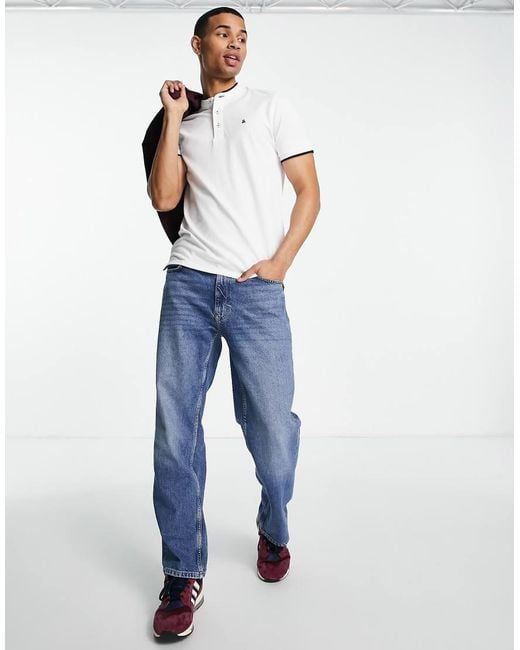 Jack & Jones White Essentials Grandad Polo With Tipping for men