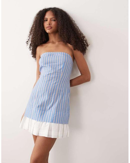 ASOS Blue Cotton Linen Bandeau Mini Sundress With Ruffle Hem