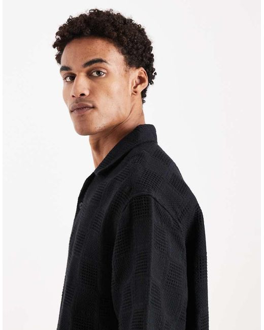 ASOS Black Oversized Half Sleeve Revere Grid Textured Shirt for men
