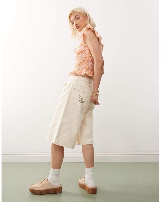 Reclaimed Vintage Natural Denim Jorts With Embroidery Detail