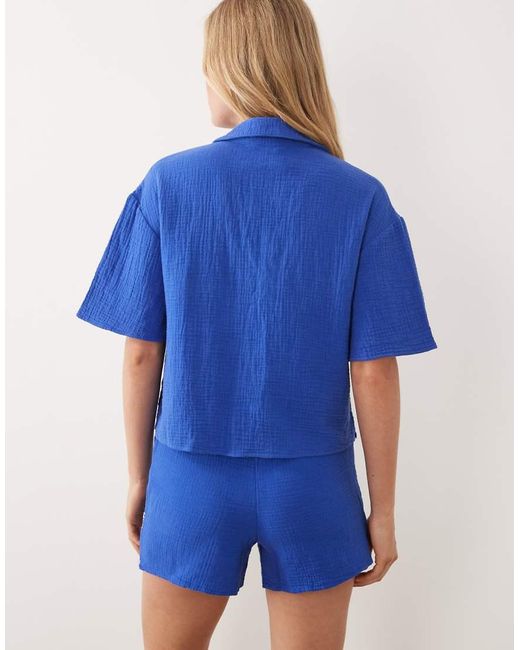 New Look Blue Co-ord Embroidered Crop Beach Shirt