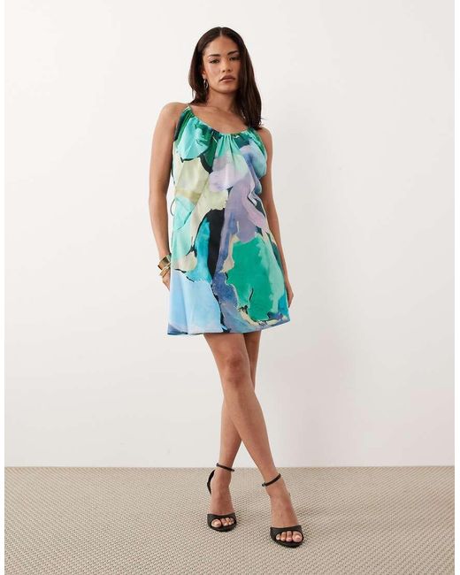 ASOS Blue Asos Design Petite Bias Cut Scoop Neck Low Back Satin Mini Dress