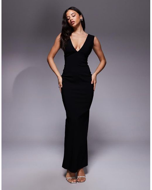 Vesper Blue Bengaline V-neck Plunge Maxi Dress