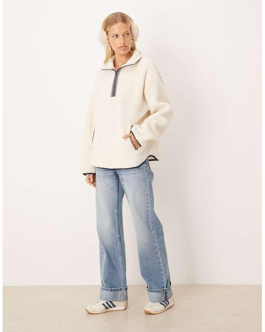 ASOS Natural Half Zip Borg Fleece With Folk Trim Detail