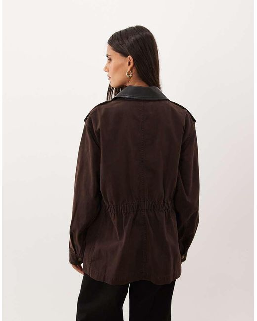 GOOD AMERICAN Brown Faux Leather Collar Field Jacket