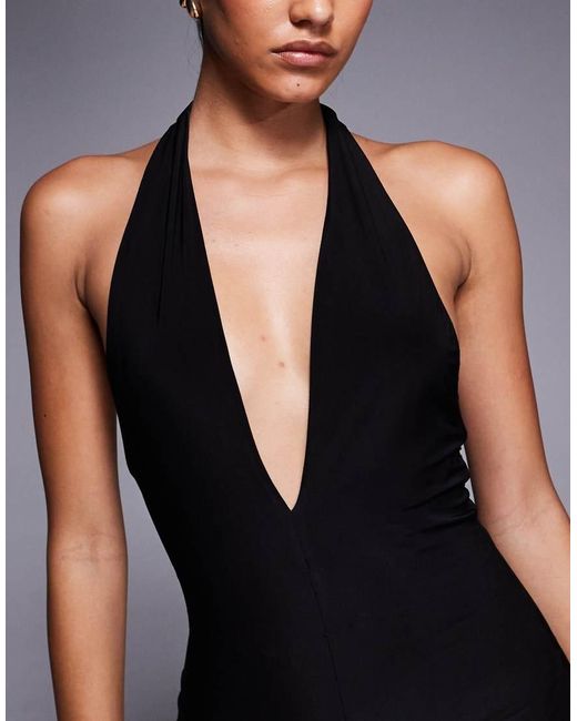 Fashionkilla Blue Exclusive Double Sculpted Slinky Plunge Halterneck Godet Hem Maxi Dress