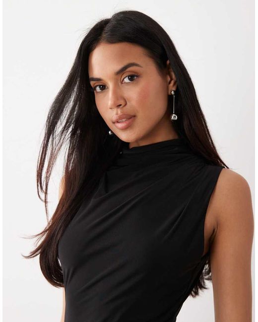 Kaiia Black Exclusive Double Layered Slinky High Neck Ruched Side Detail Maxi Dress