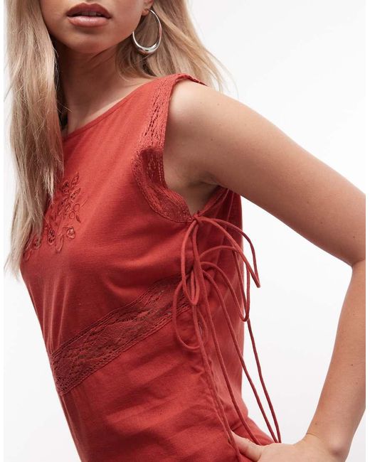 Reclaimed Vintage Red Mini Dress With Tie Sides And Embroidery