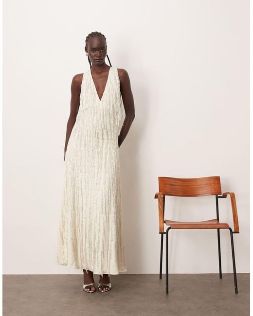 ARRANGE Natural Beaded Fringe Maxi Dress With Splits