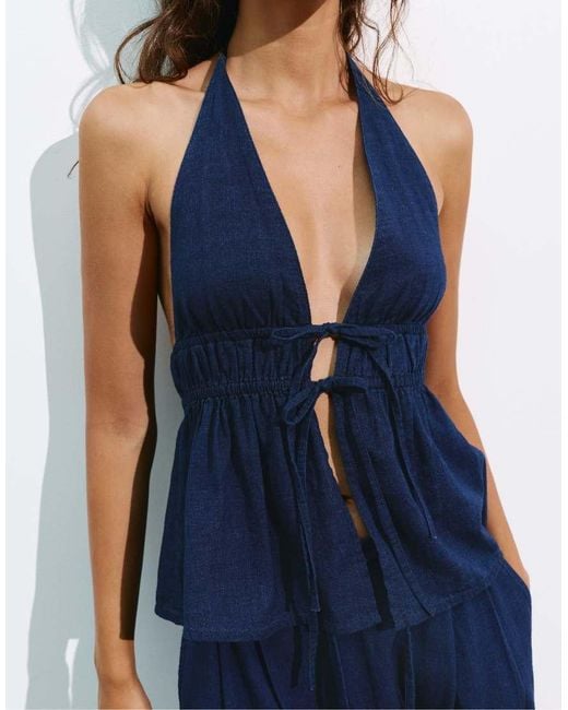 Pull&Bear Blue Halter Top With Elasticated Waist
