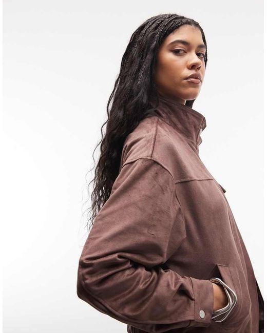 Liquor N Poker Brown Boxy Faux Suede Funnel Neck Jacket