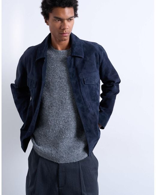 TOPMAN Men's Blue Real Suede Racer Jacket