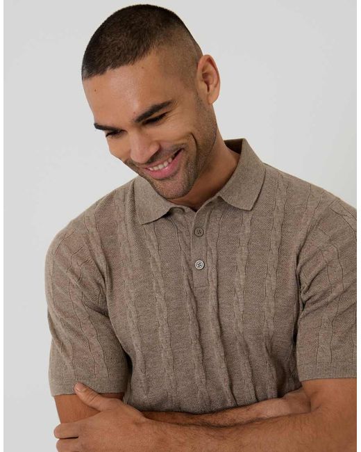 Threadbare Brown Cable Stripe Knitted Button Polo for men