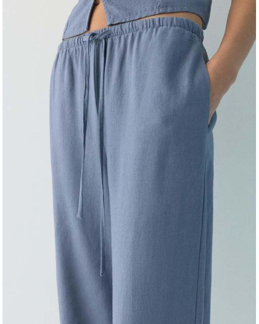 Pull&Bear Blue Flowing Viscose Linen Blend Trousers