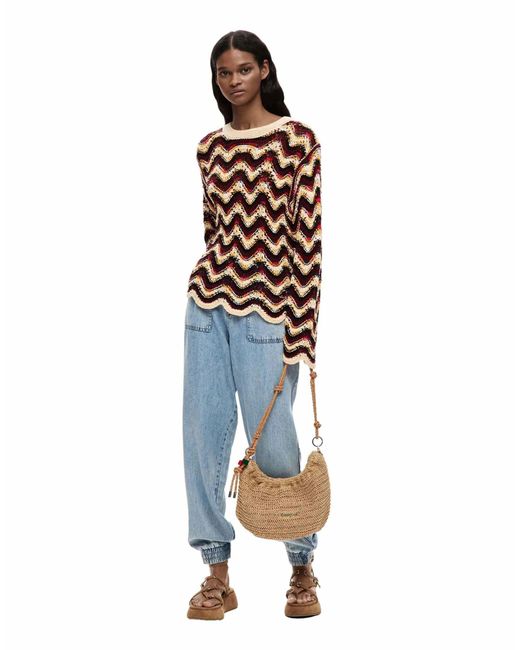 Desigual Orange – häkelpullover mit buntem zickzack-muster