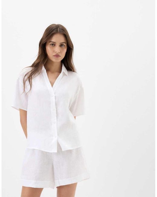 Intimissimi White Plain-Weave Linen Short-Sleeved Shirt