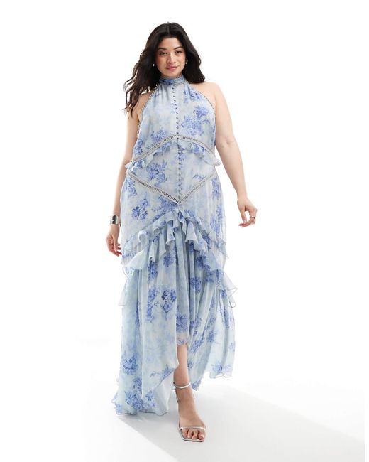 Robe longue volantee dos nu a imprime fleurs vintage avec empiecements en dentelle et bordures festonnees ASOS en coloris Bleu Lyst