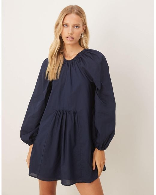 ASOS Blue Volume Smock Mini Dress With Tie Back Detail