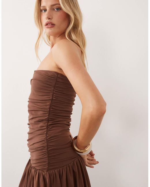 ASOS Ruched Bandeau With Dropped Waist Maxi Dress in Brown | Lyst