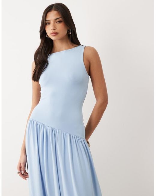 ASOS Blue Sleeveless Midi Dress With Dropped Seam And Bubble Hem