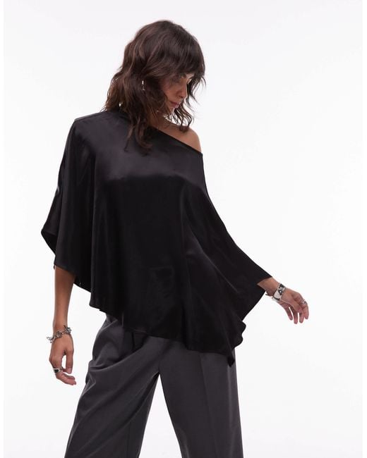 ASOS Black Satin One Shoulder Drape Top