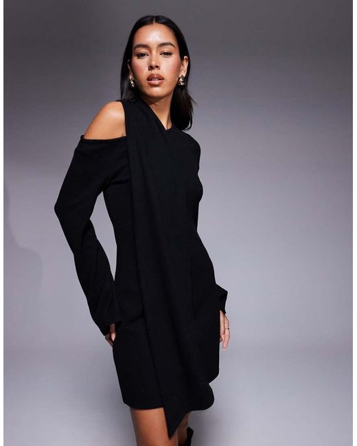 ASOS Black Supersoft Slash Neck Scarf Detail Mini Dress