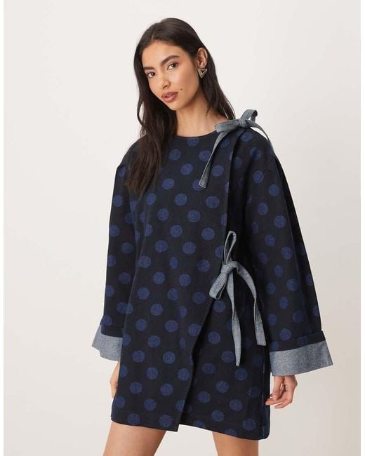 Ghospell Blue Exclusive Denim Bow Detail Boxy Mini Dress