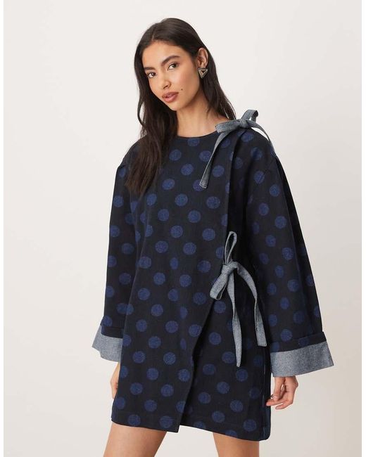 Ghospell Blue Exclusive Denim Bow Detail Boxy Mini Dress