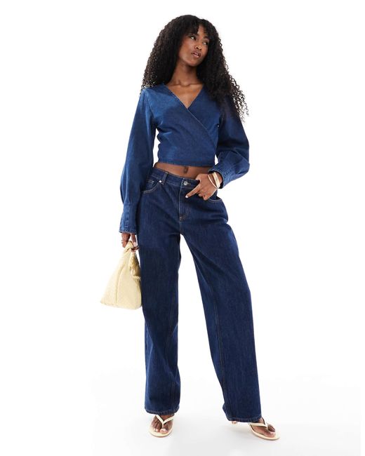 ASOS Blue Denim Long Sleeve Wrap Top With Pleat Cuff Detail