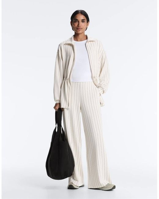 Oysho White Soft-touch Pinstripe Wide-leg Trousers With Modal