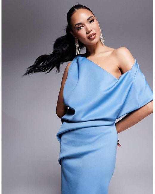 ASOS Blue Scuba Pleated Fallen Shoulder Midi Dress With Asymmetric Back