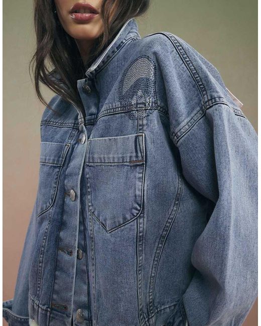 River Island Blue Year Zero Notes Denim Jacket