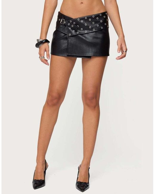 Edikted Black Crossover Grommet Faux Leather Mini Skirt