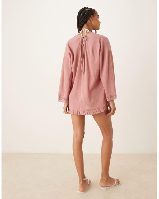 ASOS Pink Crinkle Plunge Neck Eyelet Beach Sundress