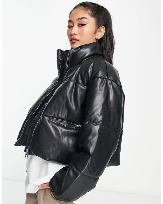 Pull&Bear Black Cropped Faux Leather Puffer Jacket