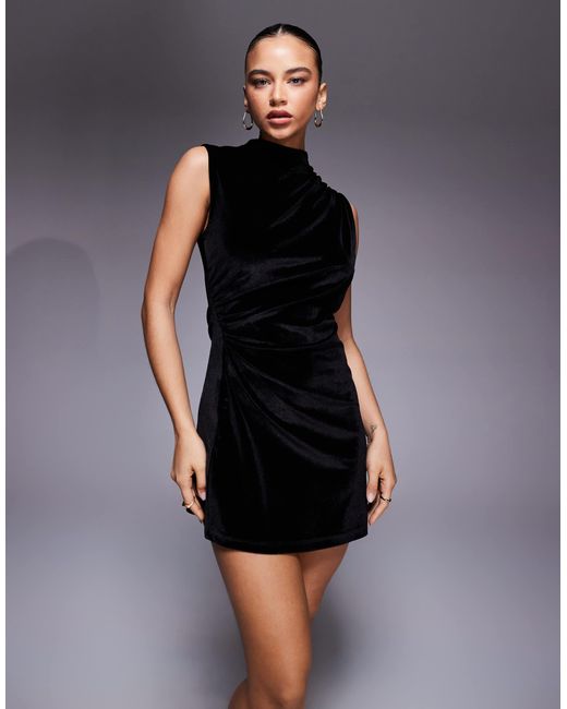 ASOS Black Velvet Sleeveless Ruched Side Mini Dress With Grown On Neck