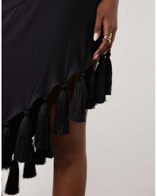 ASOS Black Halter Neck Asymmetric Midi Dress With Tassel Hem