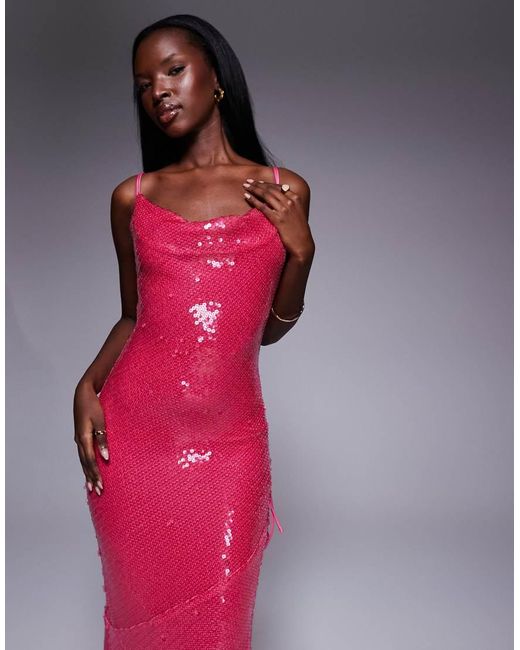 ASOS Red Sheer Sequin Cowl Neck Maxi Dress With Strappy Back