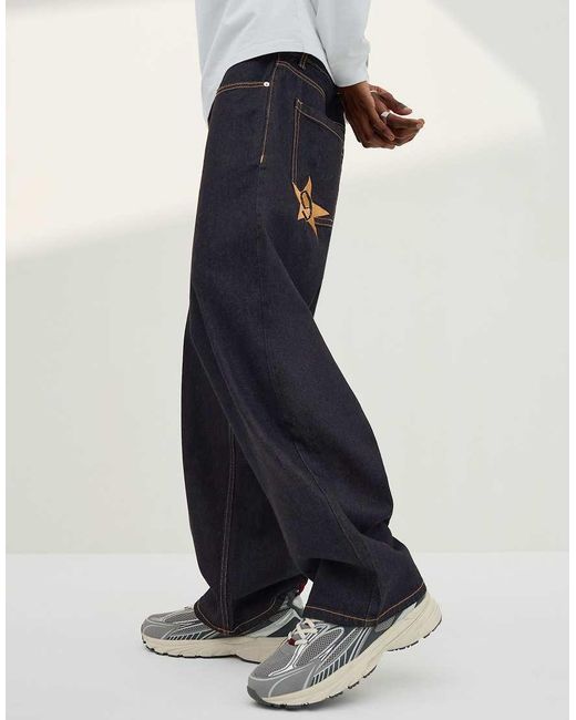 Bershka White Embroidered Barrel-leg Jeans for men