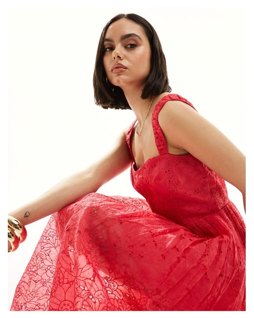 French Connection Red Embroide Lace Sweetheart Midi Dress
