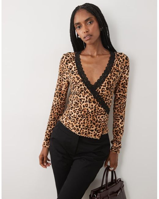 Miss Selfridge Brown Lace Trim Wrap Top