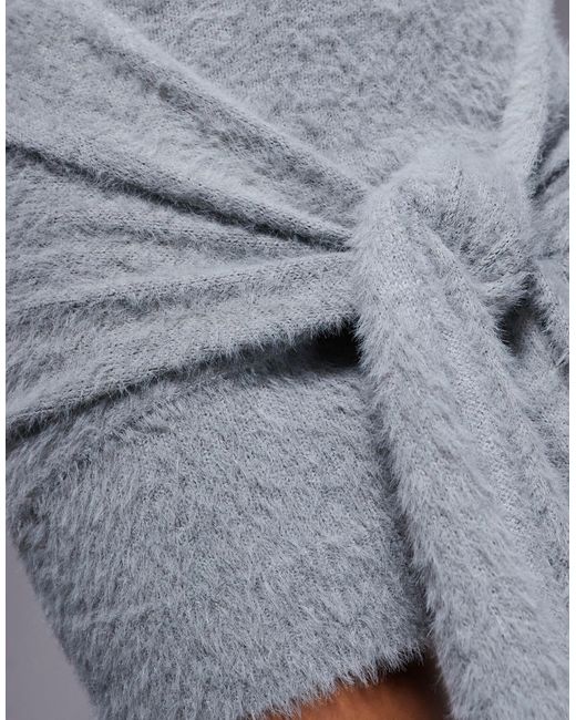 Aria Cove Gray Fluffy Knit Turtle Neck Knot Front Drape Detail Mini Dress