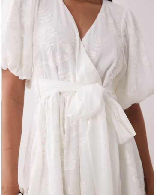 Gina Tricot Natural Embroidered Mini Dress With Puff Sleeves