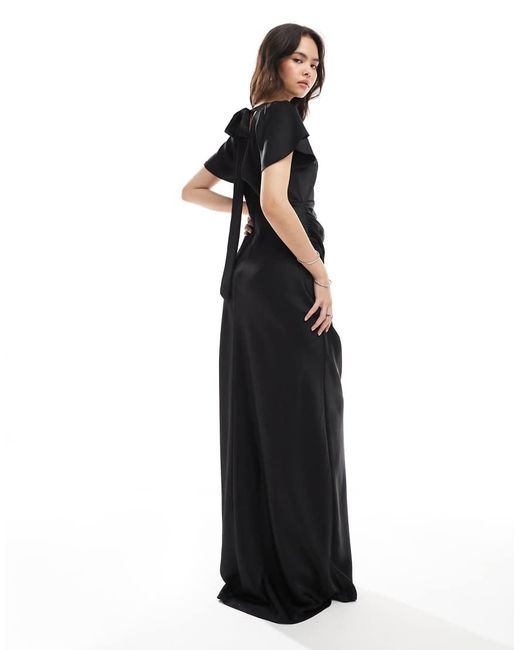 Six Stories Black Bridesmaid Flutter Sleeve Satin Maxi Dress