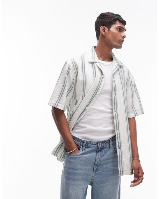 Topman Blue Short Sleeve Crochet Stripe Shirt for men