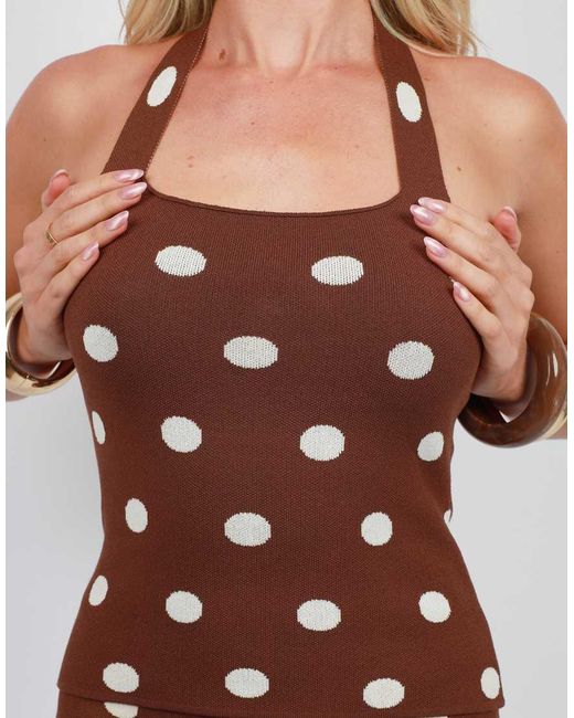 SIMMI Brown Polka Dot Square Neck Knitted Halter Top